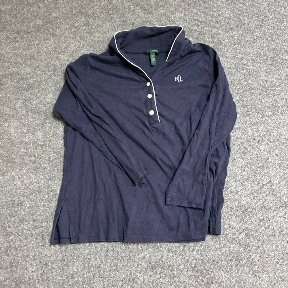 Lauren Ralph Lauren Henley Womens Size 2X Navy Blue Long Sleeve Embroidered Logo